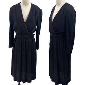 Vintage 70s 80s Rhinestone Neckline Pleated Faux Wrap Dress Belted Black